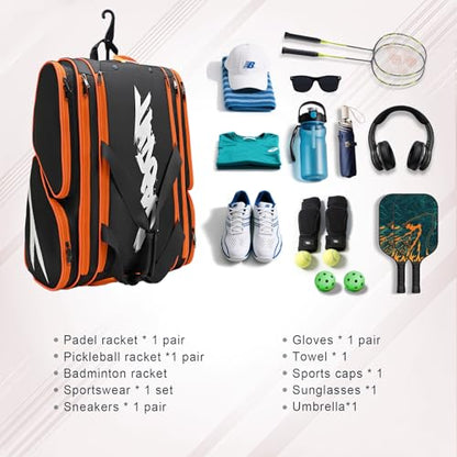 TILDOSAC Pickleball Bag - Large Paddle Bag for 4 Paddles & Accessories - Fence Hook, Extra Pockets, Shoe Compartment - color: Black