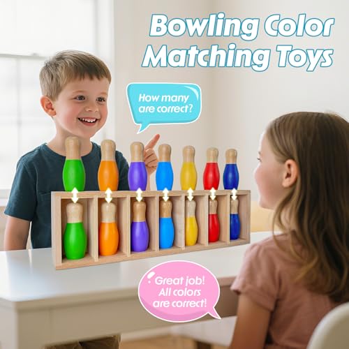pamexin Family Games for Kids, Wooden Bowling Color Matching Game with 7 Bright Pins and Storage Bag, Family Board Games Party Birthday Gift, Fun Party Game for Boys Girls