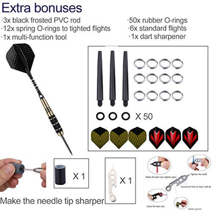 Steel Tip Darts Set for Dartboard, Professional Brass Darts Metal Tip Black Purple Aluminium Nylon Shafts 9 Flights 50 Rubber O-Rings 12 Spring Rings 1 Dart Sharpener Tool 24/27 Grams - color: 24g Black