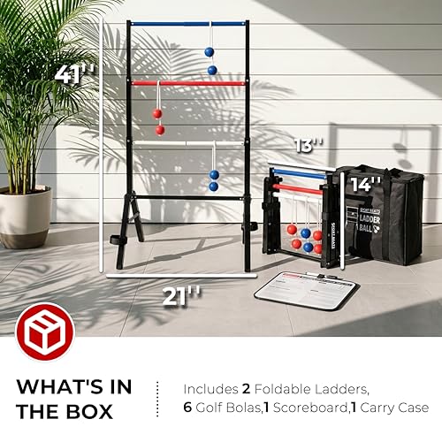Ladder Toss Game Set - Heavy Duty Metal Foldable Ladder Ball with Scoreboard, All-in-One No Assembly Outdoor Yard Game for Tailgating, Backyard Parties - Carrying Case Included
