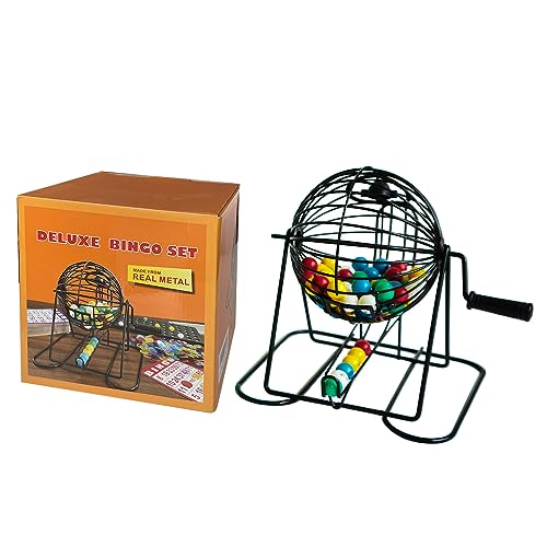 Yuanhe Deluxe Bingo Game Set - Metal Round Cage, 75 Colored Bingo Balls, 100 Bingo Cards, 500 Mixed Chips and Master Board for Large Groups, Parties - style: Deluxe Set