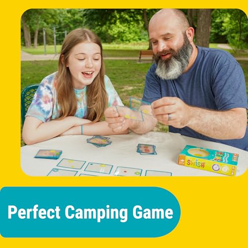 FoxMind Games: Swish Card Game, Spatial Reasoning Board Game for Ages 7 and up, Rotate, Stack & Match Transparent Cards to Win. Waterproof Cards & Travel Bag - Perfect Family Travel Game