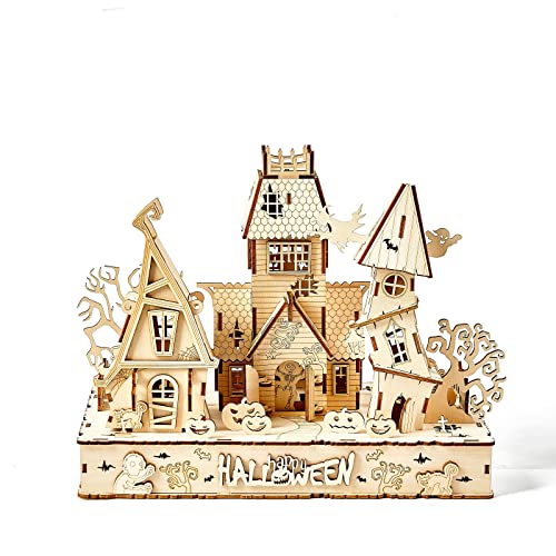 3D Wooden Puzzles Halloween House Kits Includes Light Strip, Brainteaser and Puzzle for Halloween/Birthday,Gifts for Adults and Teens to Build Combination - style: Halloween House