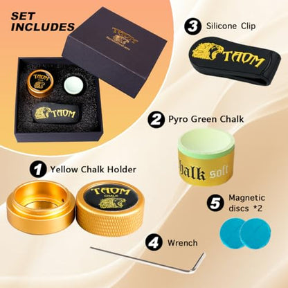 TAOM Upgrade Pool Chalk Holder Round Shaped Practical Tool Billiards Accessories Magnetic Mini Chalk Tip Case Container Round Box Billiards,Cue Tip Tool Scuffer Shaper - color: 1-Gift Set-Yellow with Pyro Green