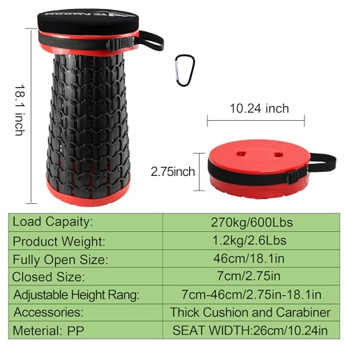 ALEVMOOM Telescoping Stool with Thick Cushion, H18.1“ D10.24” Portable Collapsible More Sturdy Capacity 600Ib, Retractable Collapsible Camping Adjustable Folding Stool for Hiking Garden BBQ - color: Red