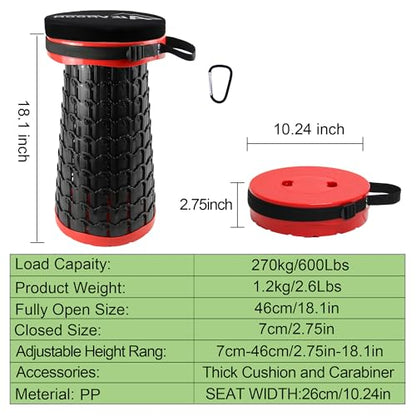 ALEVMOOM Telescoping Stool with Thick Cushion, H18.1“ D10.24” Portable Collapsible More Sturdy Capacity 600Ib, Retractable Collapsible Camping Adjustable Folding Stool for Hiking Garden BBQ - color: Red