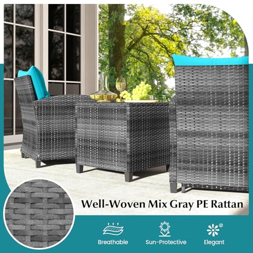 Tangkula 5 Pieces Patio Conversation Set, PE Wicker Rattan Outdoor Furniture Set with 2 Chairs, 2 Ottomans & Tempered Glass Coffee Table, Ideal for Poolside, Backyard, Lawn, Deck, Mix Grey & Turquoise - color: Mix Grey & Turquoise