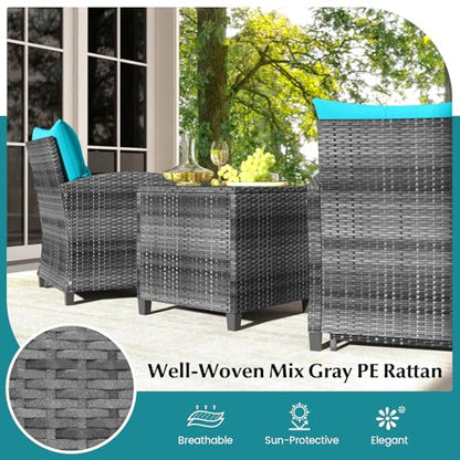 Tangkula 5 Pieces Patio Conversation Set, PE Wicker Rattan Outdoor Furniture Set with 2 Chairs, 2 Ottomans & Tempered Glass Coffee Table, Ideal for Poolside, Backyard, Lawn, Deck, Mix Grey & Turquoise - color: Mix Grey & Turquoise
