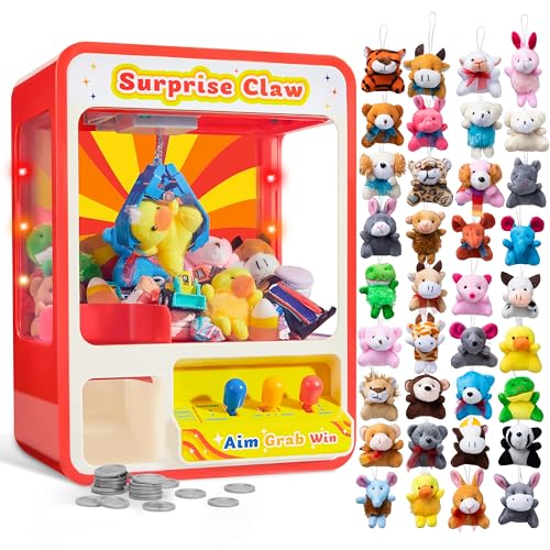 JOYIN Claw Machine Arcade Toy with LED Light & Adjustable Sound, Rechargable Dispenser Toys Mini Vending Machine for Kids, 36 Pack Mini Animal Plush Toy Assortment (36 Units 3" Each),Bulk Stuffed Anim