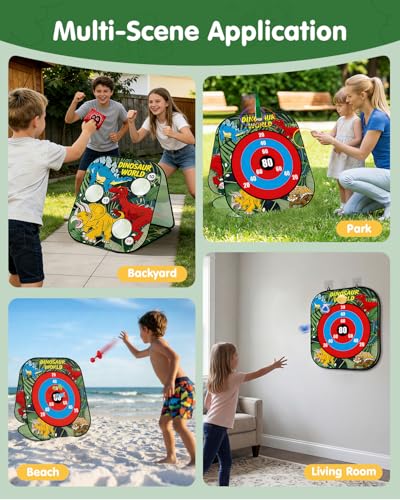 5-in-1 Bean Bag Toss Game for Kids Ages 3-8, Outdoor Cornhole Set with 3 Interchangeable Boards (Toss/Dart/Tic-Tac-Toe), Includes 8 Beanbags 6 Balls/Darts/Rings, Backyard Toys for Boys - style: Dinosaur