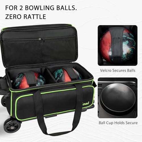 Goloni Double Roller 2 Ball Bowling Bag with Separate Shoe Compartment,2 Ball Bowling Bag with Wheels,Retractable Handle Extends to 40" - color: green