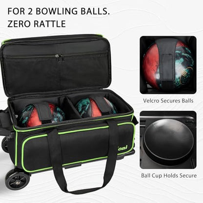 Goloni Double Roller 2 Ball Bowling Bag with Separate Shoe Compartment,2 Ball Bowling Bag with Wheels,Retractable Handle Extends to 40" - color: green