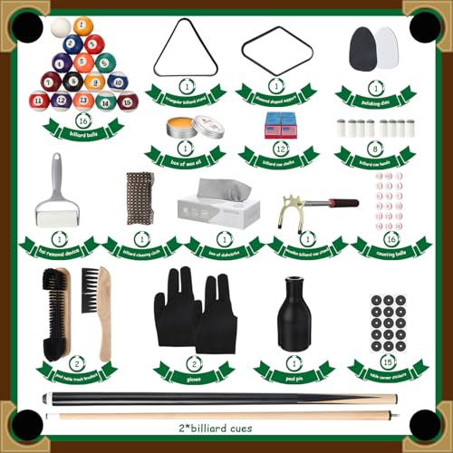 Vinsot 100 Pieces Pool Table Accessories, 16 Billiard Balls, 2 Sets of Pool Cues, Triangular Diamond Ball Rack, Cue Chalk, Cue Heads and Ball Brush Set and Other Billiard Accessories