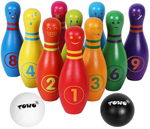 TOWO Wooden Skittles for Children - Skittle Set with 10 Facial Expressions and Numbers - 10 Pin Bowling Set for Kids Garden Toys- Wooden Toys for 2 Year Old
