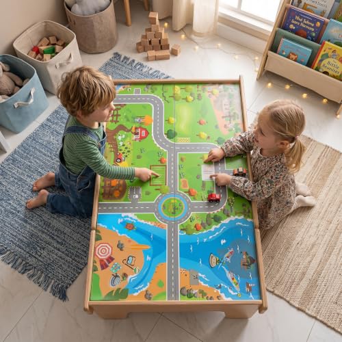 Costzon 110-Piece Wooden Train Table with Drawer for 3+ Years Old Toddlers | 3-in-1 Kids Activity Play Set w/ Reversible Tabletop, Storage Space, Train Tracks, Figures, Vehicles, and Buildings - size: 42" x 25" x 16" (L x W x H)