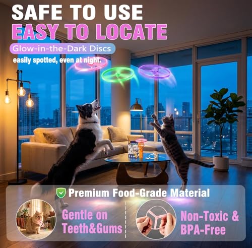 Cat Fetch Toy Auto Launcher 6 Discs 30m Range USB-C Rechargeable | Upgraded automatic disc launcher with 6 premium discs (3 glow). 30m range, USB-C rechargeable. Interactive indoor cat toy.