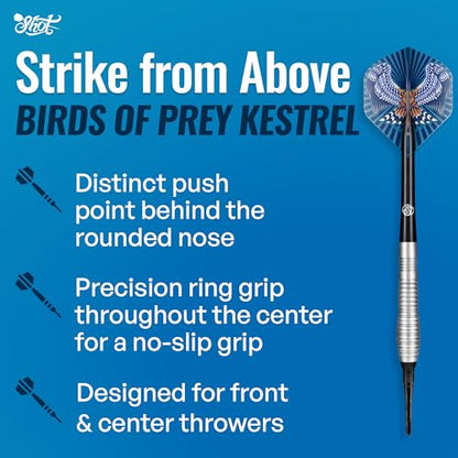 Shot! Darts Birds of Prey Kestrel Soft Tip Dart Set (18g) | 90% Tungsten Barrel | Handcrafted Professional Darts with Flights | Plastic Tip for Electronic Dartboard | Bar Darts | Made in New Zealand