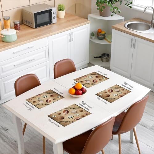 Erosebridal Set of 4 Balls Placemats 12X18 Inch,Retro Sports Theme Place Mats for Boys Youth Teens Children,Football Basketball Baseball Game Gaming Leaves Waterproof Placemats for Kitchen Table - color: Black White Brown