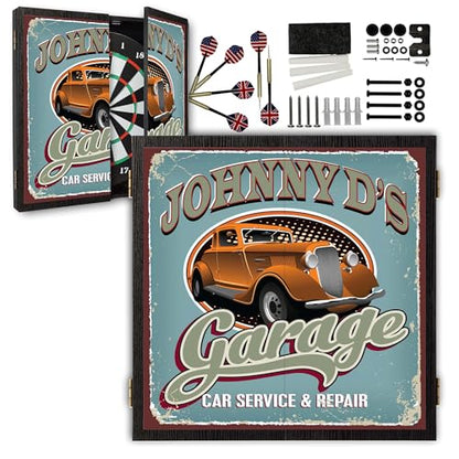 THOUSAND OAKS BARREL Personalized Dart Board Cabinet Set with 6 Steel Tip Darts, Paper Dartboard, Chalk & Eraser (21.5 x 21.5 x 2.75) - Man Cave Dart Boards for Adults - Car Garage (124) - style: Garage Dartboard & Cabinet Set
