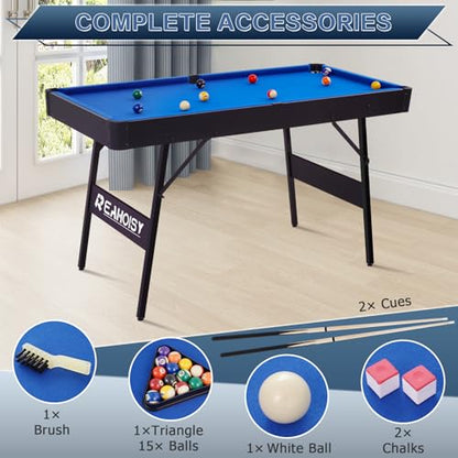 Folding Pool Table, Portable Billiard Game Tables for Kids and Adults, Mini Pool Table with Locking Legs, Adjustable Feet, Balls, Cues, Triangle, Chalk, Brush - color: 54-inch/Blue & Black