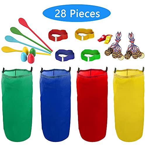28PCS Potato Sack Race Bags, Egg and Spoon Race,Carnival Games 3-Legged Relay Race Bands, Outdoor Games for Kids and Adults (with Game Prizes & Whistles), Outside Yard Lawn Birthday Party Games - style: 28 PCS