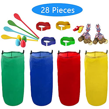 28PCS Potato Sack Race Bags, Egg and Spoon Race,Carnival Games 3-Legged Relay Race Bands, Outdoor Games for Kids and Adults (with Game Prizes & Whistles), Outside Yard Lawn Birthday Party Games - style: 28 PCS