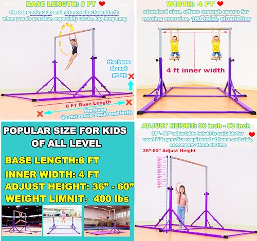 Marfula Gymnastic Bar For Kid and Teenage of 3-25, 5Ft/8 FT Base Length 4Ft Width 5Ft Adjust Height, Gymnastic Kip Bar For Gymnast, Gymnastic Training Equipment For Professional Training Home Club Use - color: Purple (Bar with Mat - 8 Ft Base)