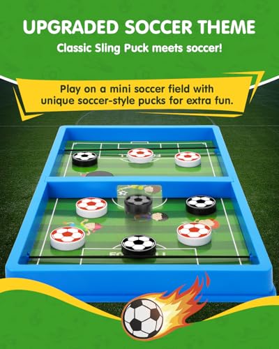 Sling Puck Game – Fast Slingshot Board Game with Soccer Theme Panel – Includes 10 Country Stickers + Soccer Ball Stickers for Pucks – 2 Player Tabletop Hockey Family Night – Kids Games Ages 3+