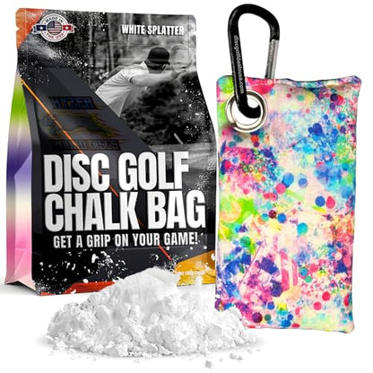 HYZER HOUND DISCS Disc Golf Chalk Bag | Dry Your Hands in the Heat of Summer | Attaches to Bag with a Carabiner | Improve Your Hand Grip for Consistency | Essential Disc Golf Accessories | Chalk - color: White Splatter