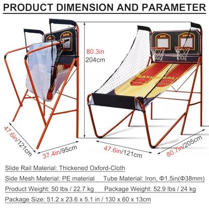 Fold Indoor Arcade Basketball Game, Dual Shot Electronic Scoring Shooting Basketball Machine with 5 No.3 Balls for Basement Game Rooms