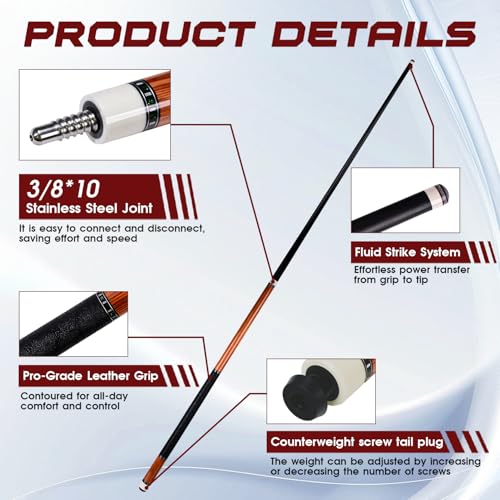HMQQ Carbon Fiber Pool Cue Stick 58” 2-Piece, Low Deflection Billiard Cue, 11.5mm Pro Shaft, Adjustable Weight, Professional Pool Stick with Case, 19oz, 3/8x10 Joint, for Men Women Players - color: Oak