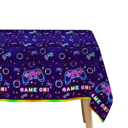 Video Game Party Tablecloth Decorations - Disposable Neon Glow Level Up Game On Birthday Party Supplies Table Cover - 3 Pack (54in x 108in)