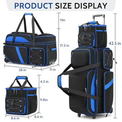 4 Ball Bowling Bag with Wheels, 3 Ball Bowling Bags Roller with 1 Ball Add On Bag, Multi-Pockets & Shoe Compartment (Fits Up to Size 16) - color: Blue