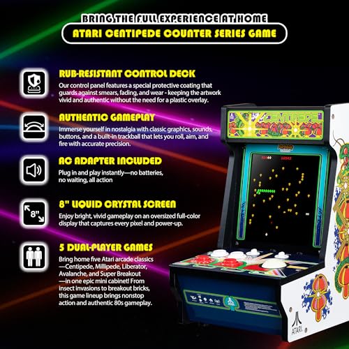 Arcade Classics - Atari Centipede Counter Series Game Machine, 5 Games, 8" Liquid Crystal Screen - Mini Cabinet, Portable Gaming, Retro, Countertop Console, Basement Decoration, Man Cave - style: Centipede Counter Series