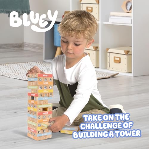 Bluey 8th Wonder Stackable Tumbling Tower Game, Robust Wooden Stacking Game with 54 Illustrated Colored Blocks, Fun Balancing Toy for Kids Ages 3+ - style: Tumbling Tower