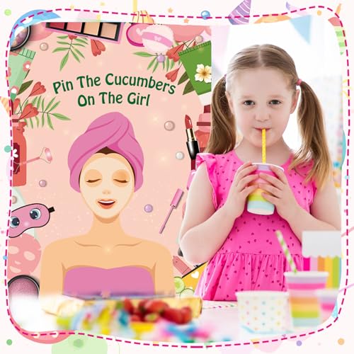 PLULON Spa Party Game for Girls Party, Pin The Cucumber on The Girl Spa Game Poster for Kids Girl Spa Birthday Makeup Sleepover Slumber Party Supplies Women Party Decor - style: Spa