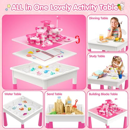 OCATO Kids Toddler Table and Chair Set: Water Table Activity Tables with 152Pcs Large Marble Run Building Blocks 2 Rabbit Chairs Storage All in One Play Sensory Sand Tables 3-6 Year Old Girl Toy Gift - color: Pink