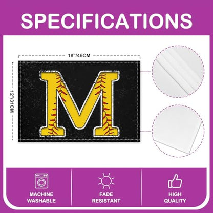 Erosebridal Initial Letter M Placemats 12x18 inch Set of 4 Baseball Monogrammed Place Mats for Dining Table | Red Lace Seam Table Place Mats Softball Sports Yellow Black Scratch Proof Placemats - color: Yellow M