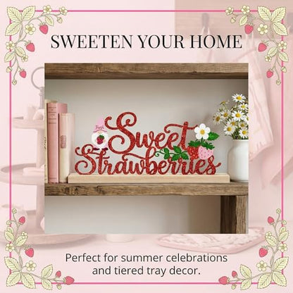Sweet Strawberries Summer Table Decorations Red Strawberries Metal Table Sign with Wooden Base Cute Summer Tiered Tray Decor Strawberry Tabletop Centerpiece for Kitchen Home Party Centerpieces - style: Sweet Strawberries