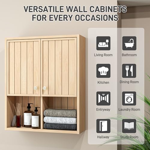 Bathroom Storage Cabinet Wall Mounted, Pre-Assembled Wood Medicine Cabinet with 2 Doors, Slim Hanging Wall Cabinet Over The Toilet for Small Spaces, Modern Farmhouse Style,Natural Oak