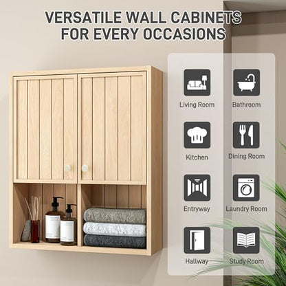 Bathroom Storage Cabinet Wall Mounted, Pre-Assembled Wood Medicine Cabinet with 2 Doors, Slim Hanging Wall Cabinet Over The Toilet for Small Spaces, Modern Farmhouse Style,Natural Oak