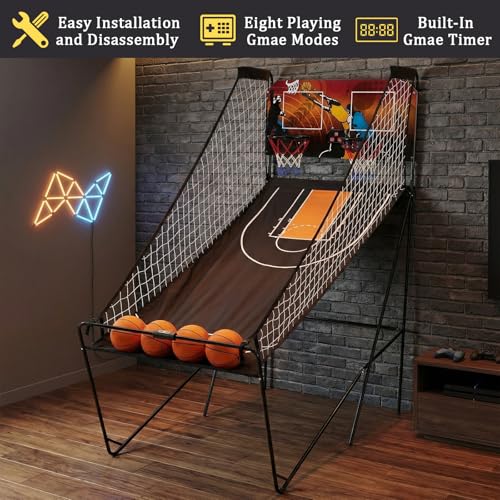 Foldable Dual Shot Basketball Arcade Game for Game Room | Folding 2 Player Indoor Basketball Shooting Game with 4 Balls, Dual Hoops, Inflation Pump, Electronic Scoreboard, 8 Game Modes