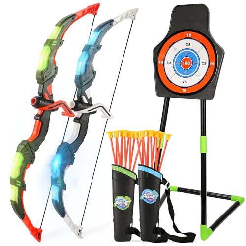 Bow and Arrow Set for Kids, 2 Pack LED Light Up Archery Set with 20 Suction Cup Arrows, Indoor and Outdoor Toy for Boys Girls Age 4-8 8-12 with Standing Target&2 Quivers, Birthday Gift 3-12 Years Old - color: Blue&Green