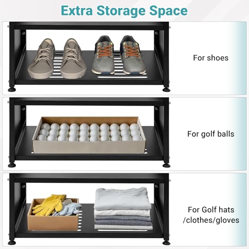 Golf Bag Organizer - Wall Mount & Freestanding - Holds 2 Golf Bags w/ 4 Club Racks, 10 Hooks & Storage Shelf - Golf Bag Stand w/Adjustable Feet for Garage, Store, Club, Shed