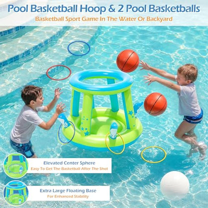 Jasonwell Pool Toys Games Set - 3 in 1 Pool Volleyball Net Basketball Hoop Ring Toss Game Inflatable Floats Water Floating Volleyball Swimming Pools Games Party Gift for Kids Adults (Green&Blue, L) - color: Green&blue, size: Large