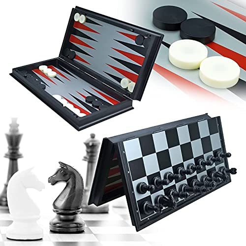 WEofferwhatYOUwant Magnetic Chess Set – 4-in-1 Travel Game with Checkers, Backgammon & 5-Suit Card Game – 14.2" Folding Board – Large Plastic Pieces – Portable Set for Kids & Adults – Gift Idea - style: 4 in 1 Portable Large Black