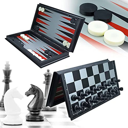 WEofferwhatYOUwant Magnetic Chess Set – 4-in-1 Travel Game with Checkers, Backgammon & 5-Suit Card Game – 14.2" Folding Board – Large Plastic Pieces – Portable Set for Kids & Adults – Gift Idea - style: 4 in 1 Portable Large Black