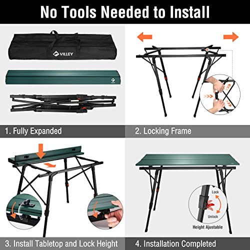 VILLEY Portable Camping Table with Adjustable Legs, Lightweight Aluminum Folding Beach Table with Carrying Bag for Outdoor Cooking, Picnic, Beach, Backyards, BBQ and Party - Green - color: Green