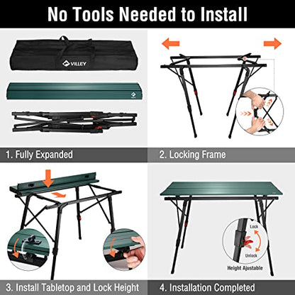 VILLEY Portable Camping Table with Adjustable Legs, Lightweight Aluminum Folding Beach Table with Carrying Bag for Outdoor Cooking, Picnic, Beach, Backyards, BBQ and Party - Green - color: Green