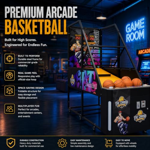 Foldable Coin Operated Basketball Arcade Game Machine 2 Player | LED Scoreboard, Sound Effects, Commercial Grade, Home & Bar Use, Indoor Use